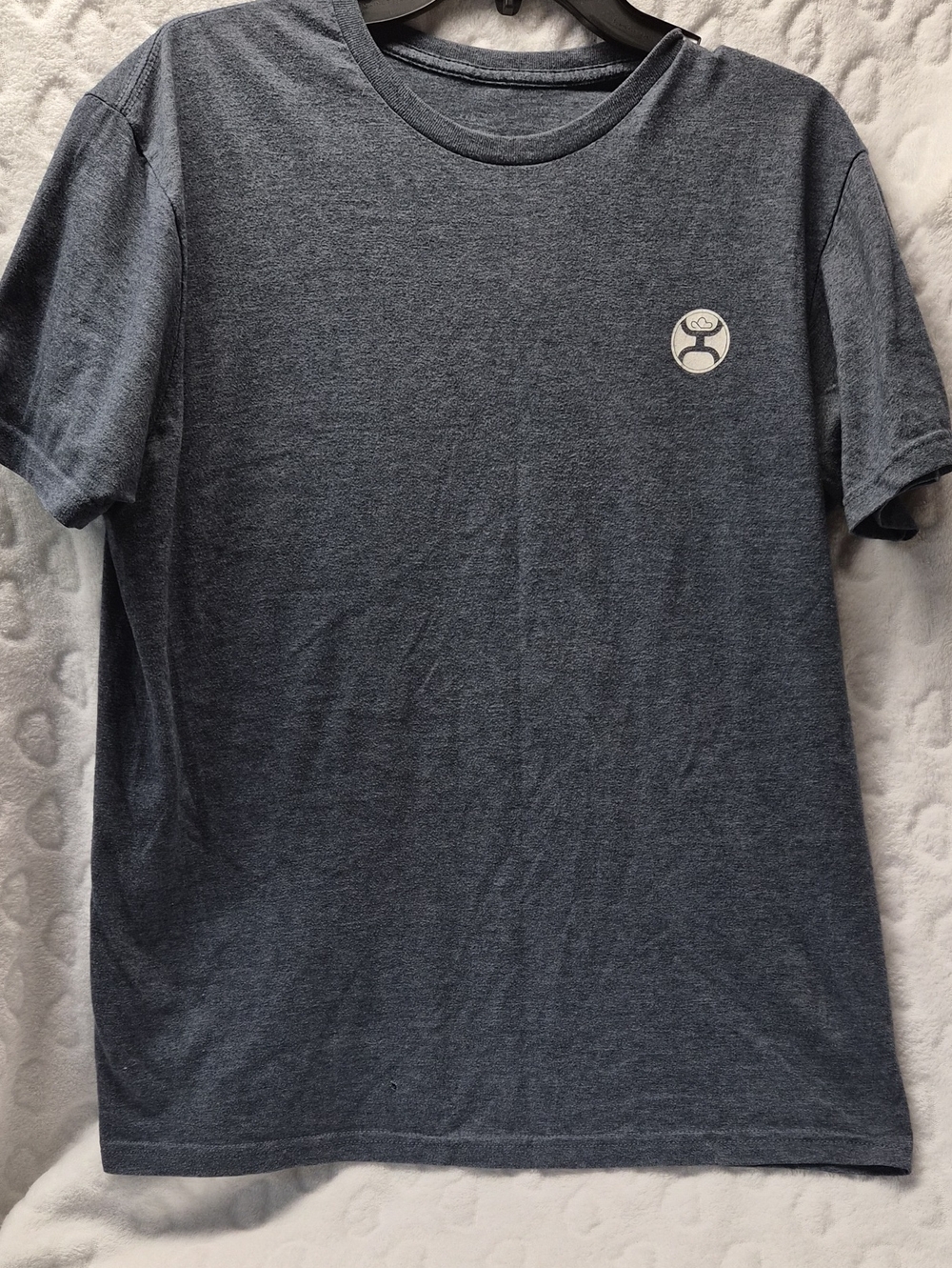 Hooey Short-Sleeve Crewneck T-Shirt in Heather Blue-Gray. Small hole front.